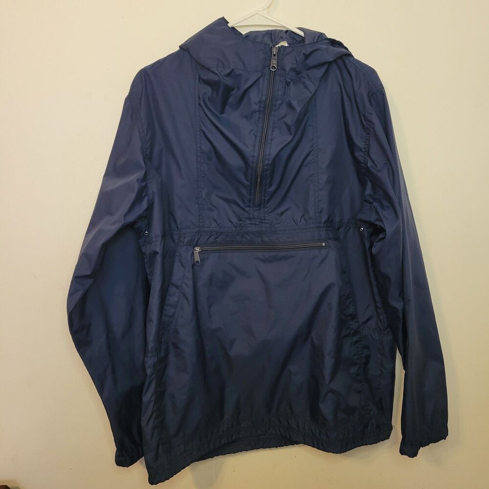 Lands End Mens Large Blue Hooded Pullover‎ Windbreaker Jacket Half Zip